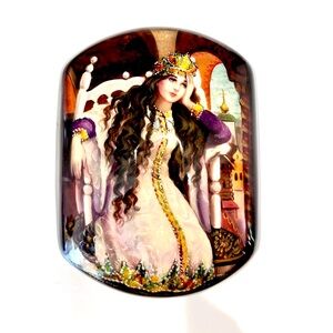 “Tsarevna Nesmeyana” Fedoskino Pegockuho Russian Lacquer Box, Signed